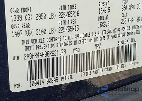 2008 Chrysler Town & Country Lx from USA, damaged, VIN 2A8HR44H98R621179